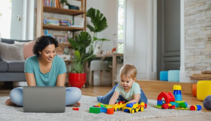 mother works with laptop while her child play toys around her